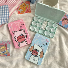 Estuche para lentes de contacto de colores con diseño de cachorro y gato dormilones