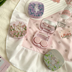 Estuche para lentes de contacto de colores con diseño de conejo tulipán pintado al óleo
