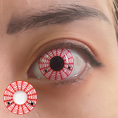 Lentes de contacto rojos con diseño de telaraña de Halloween