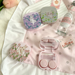 Estuche para lentes de contacto de colores con diseño de conejo tulipán pintado al óleo 