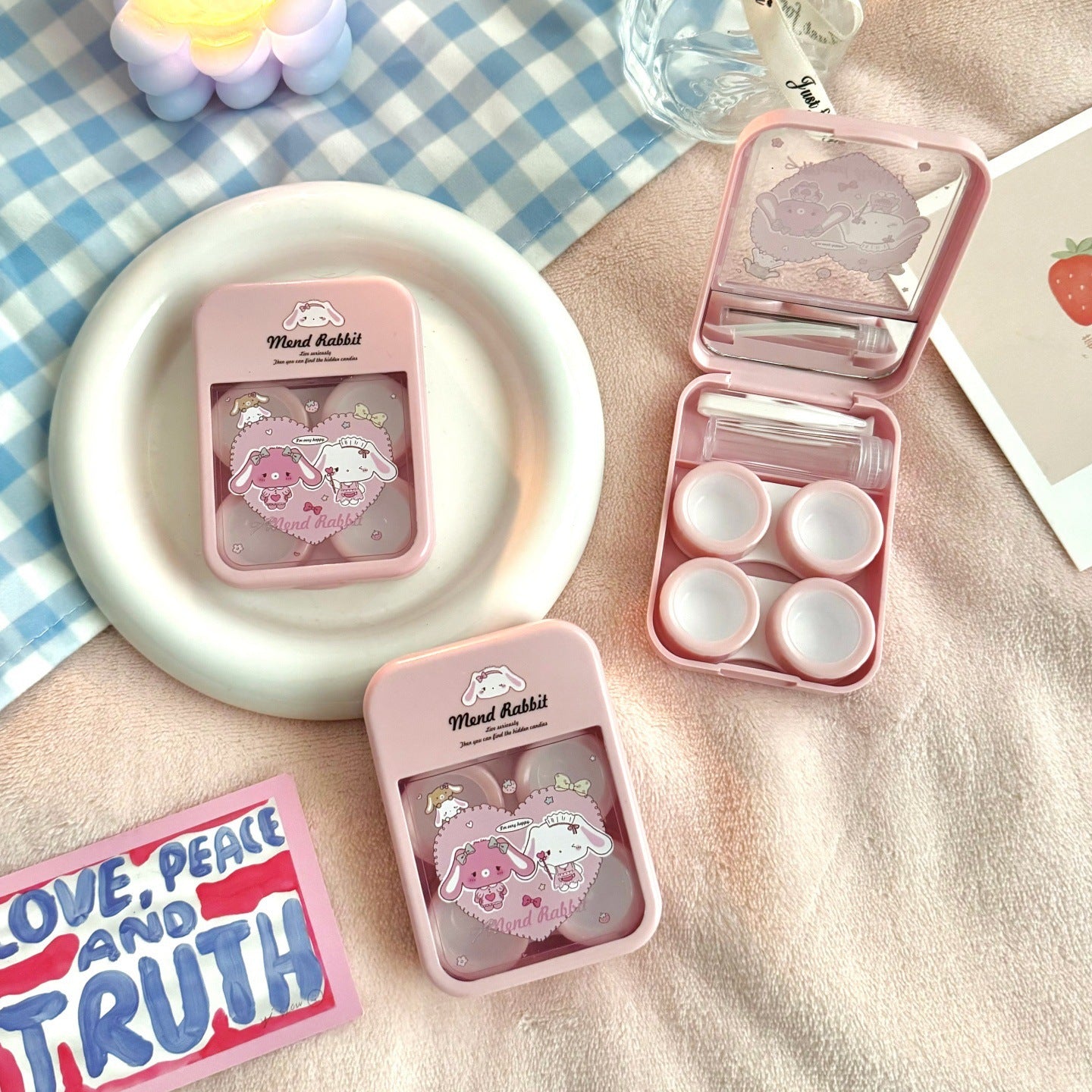 Estuche para lentes de contacto de color Heartful Mend Rabbit 