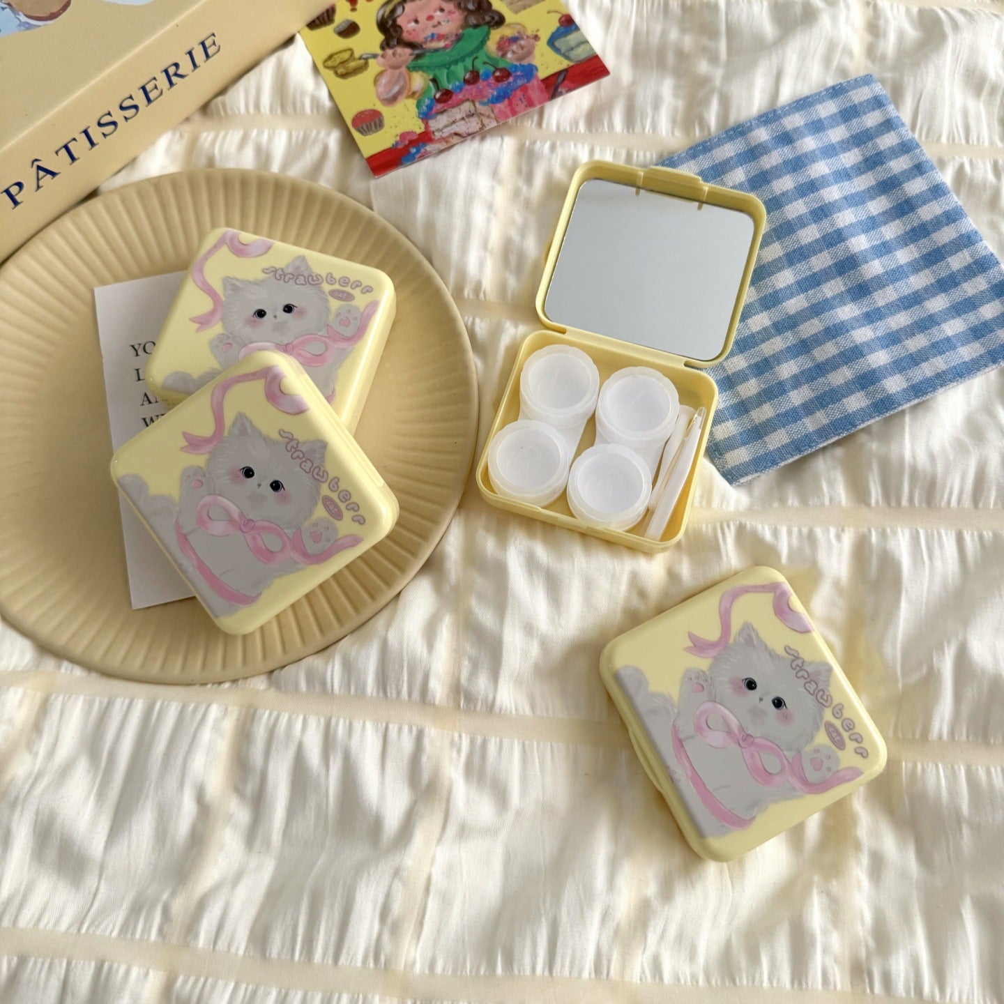 Estuche para lentes de contacto de color Butter Yellow Bow Kitten
