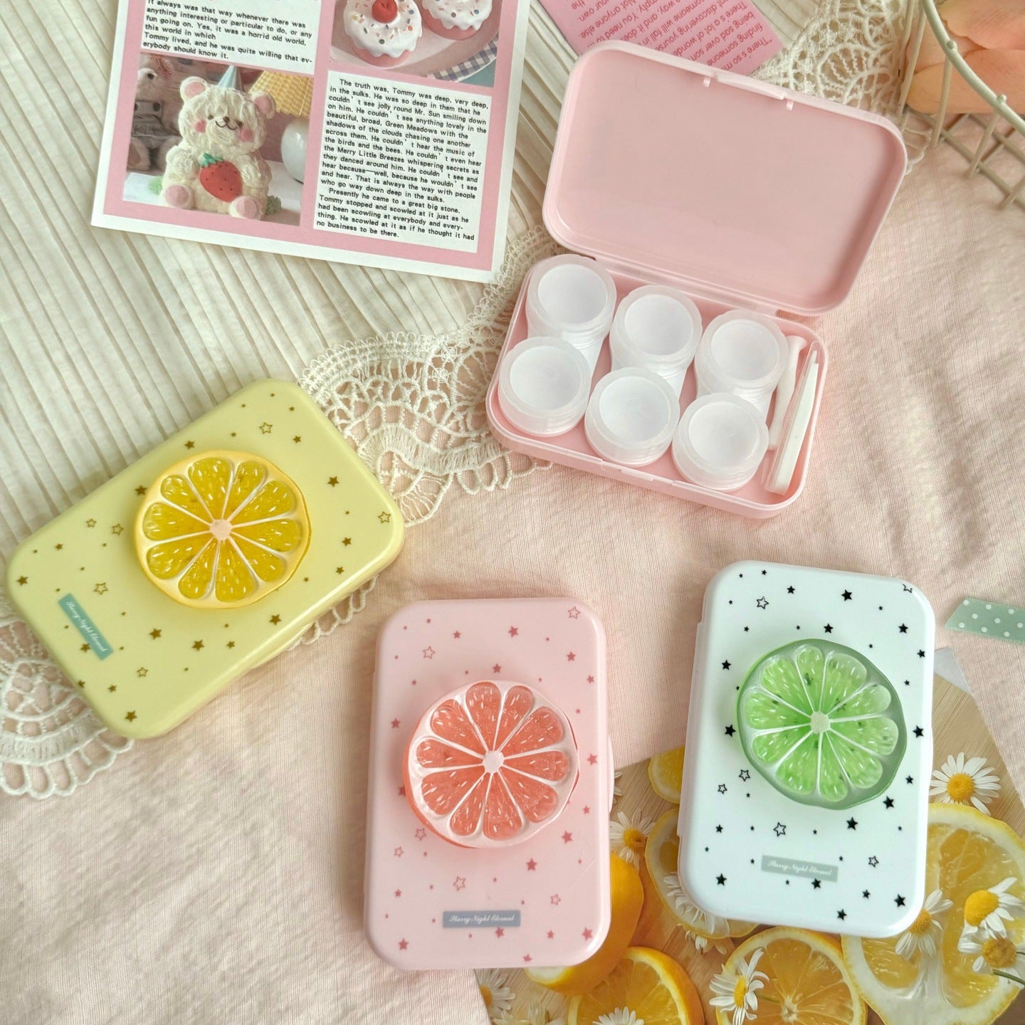 Estuche para lentes de contacto de colores con diseño de rodaja de fruta