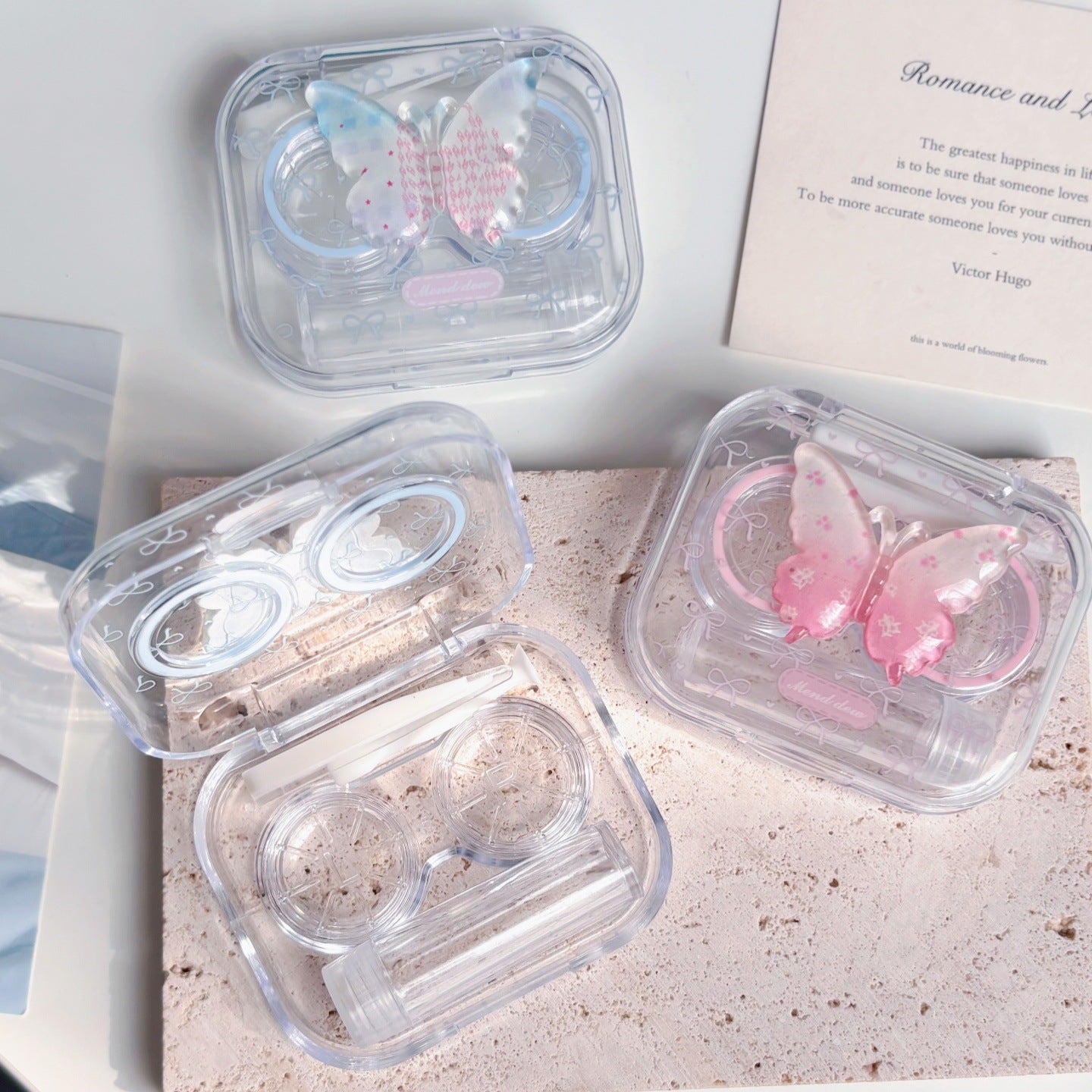 Estuche para lentes de contacto de mariposa con degradado de cristal