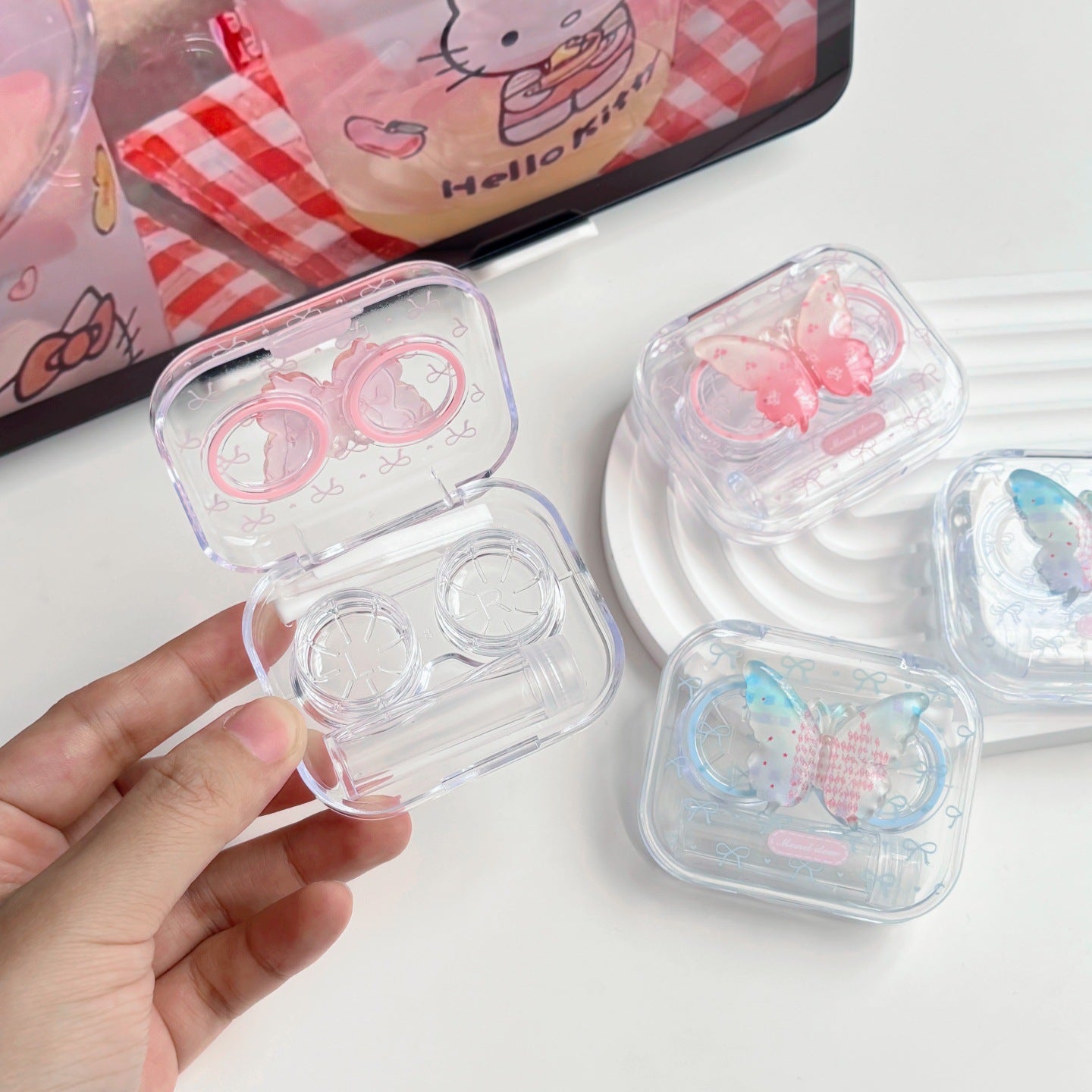 Estuche para lentes de contacto de mariposa con degradado de cristal